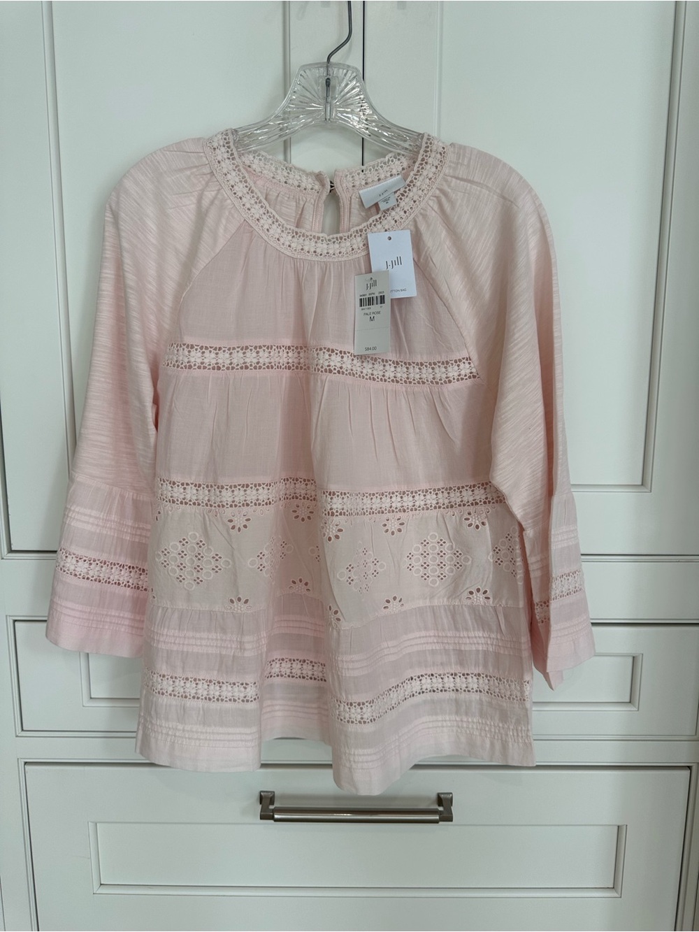NWT J.JILL Eyelet Mixed-Media Top Soft Pink SOLD OUT color size M Retail $85